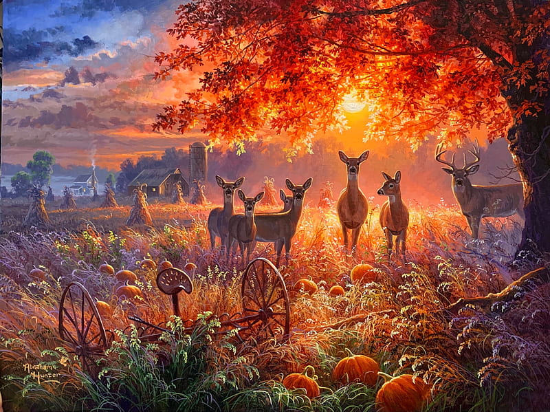 Trick or treat, forest, autumn, halloween, sunset, trees, deer, artwork, pumpkins, painting, HD wallpaper