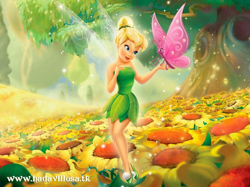 tink and butterfly, in, sunflowers, tinker bell, a, field, HD wallpaper