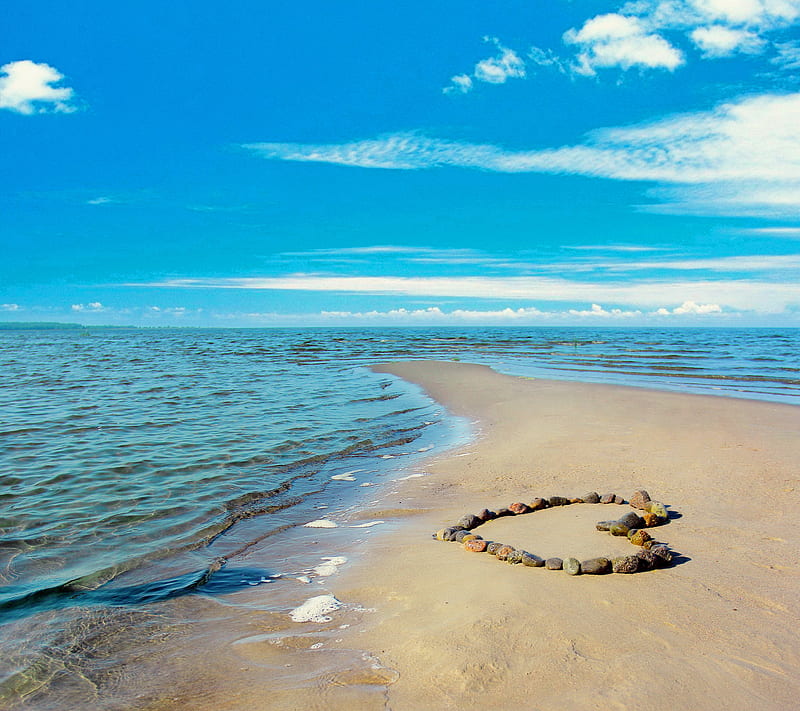 beach, blue, coast, heart, love, sand, sea, sky, stones, HD wallpaper