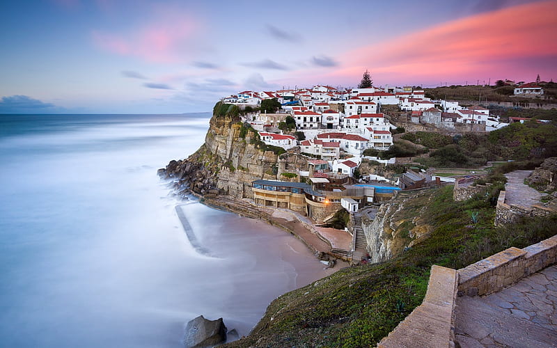 Sintra, coastal city, Atlantic Ocean, beach, evening, city lights, Lisbon, Azenhas do Mar, Portugal, HD wallpaper