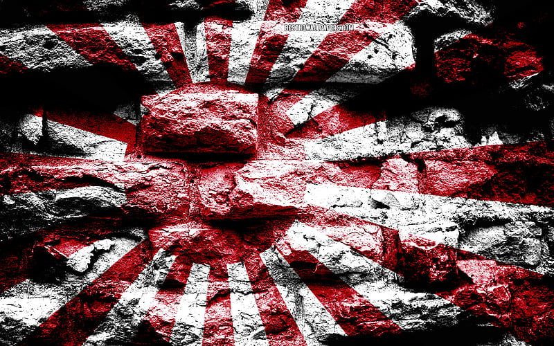 Empire of Japan flag, grunge brick texture, Flag of Empire of Japan, flag on brick wall, Empire of Japan, flags of Asian countries, japan, HD wallpaper