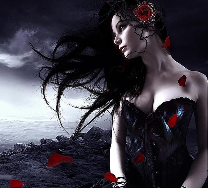 by Alexandra V Bach, red, wind, black, digital art, brunette, hair, fantasy, flower, white, HD wallpaper