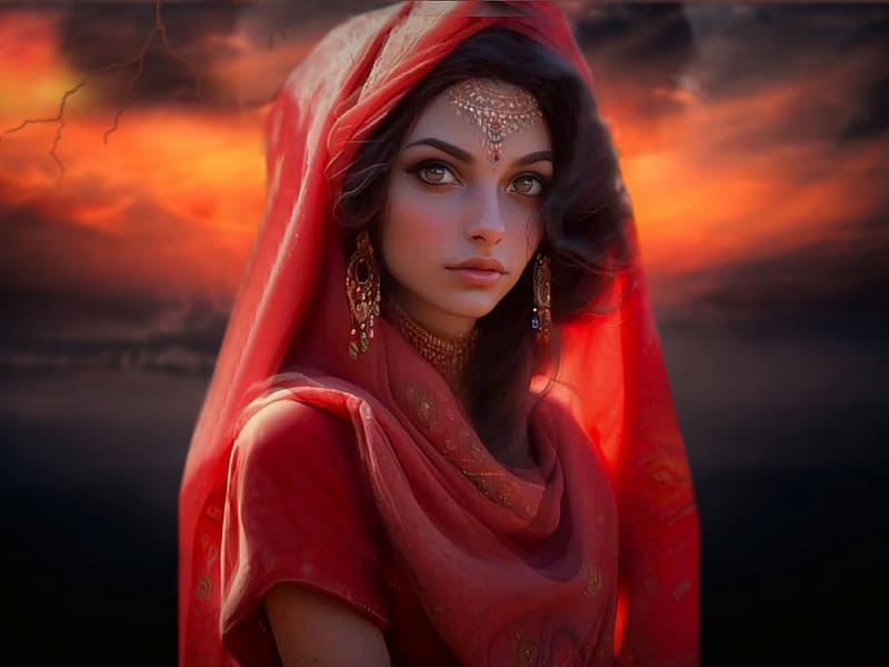 Ladies In Red Desert Beauty 1, colorful, night, black, vibrant, dress, orange, beauty, vivid, shawl, yellow, red, bright, desert, bold, HD wallpaper