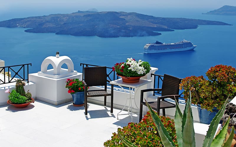 Sea, Chair, Table, Island, Roof, Volcano, , Relax, Greece, Mediterranean, Santorini, Greek, Scenic, Cyclades, Aegean, Mykonos, HD wallpaper