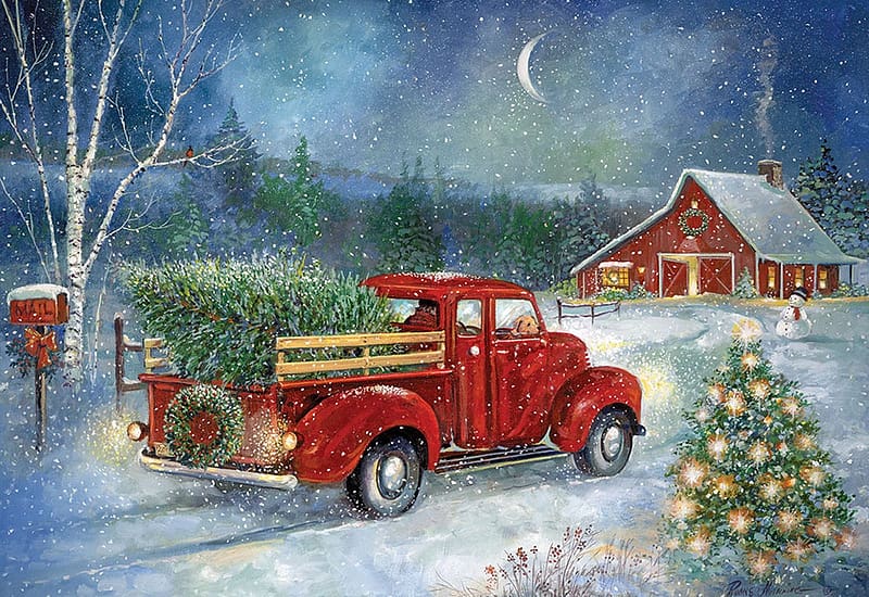 Christmas Delivery, snow, tree, car, artwork, barn, painting, HD wallpaper