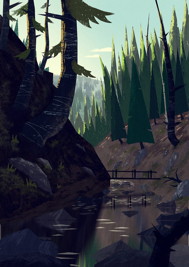 river, bridge, slope, trees, art, HD phone wallpaper