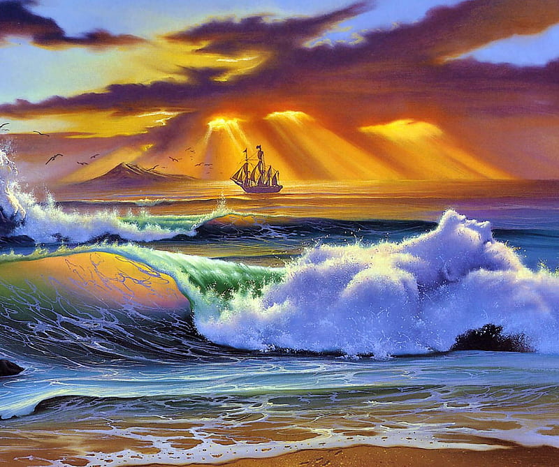 Ship Landscape, art, beach, craft, evening, painting, rays, sea, sun, HD wallpaper