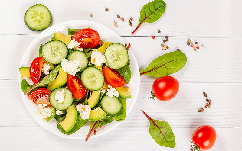 salad, healthy meal, avocado cucumber tomato salad, diet concepts, salads, plate with salad, HD wallpaper