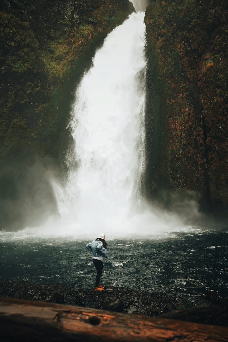 girl, waterfall, shore, alone, nature, HD phone wallpaper