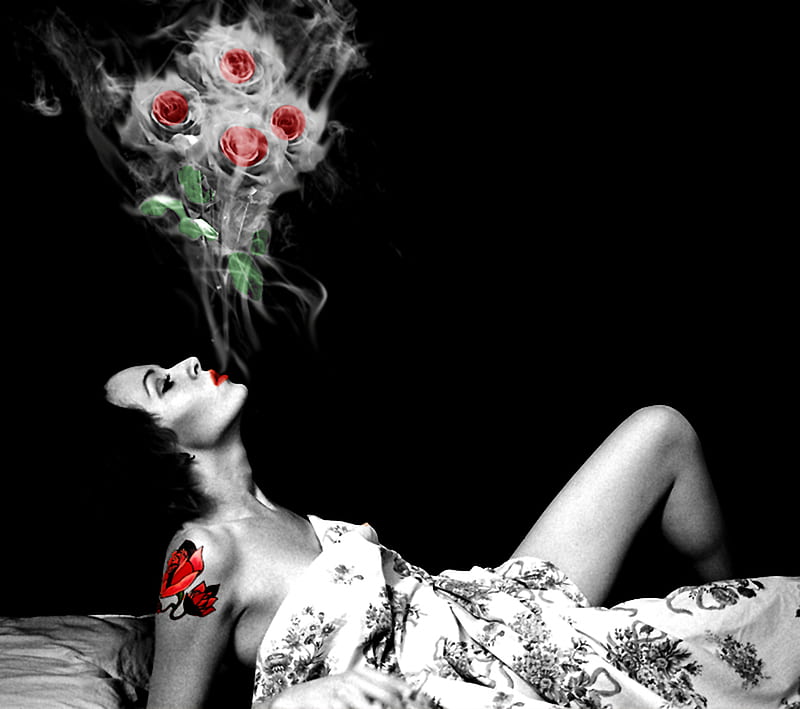 Smokin Rose, red, girl, rose, hot, smoke, woman, HD wallpaper