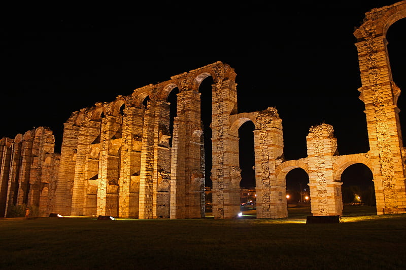 Roman aqueduct in Merida, aqueduct, roman, ancient, night, HD wallpaper