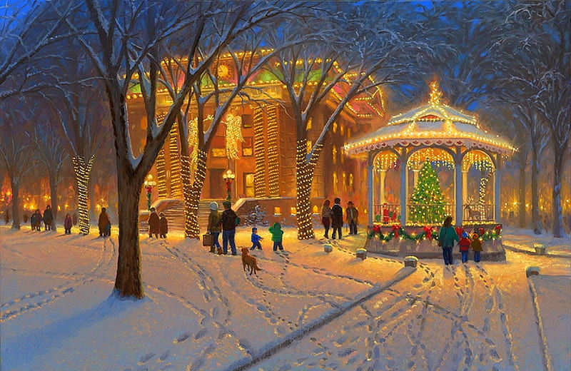 ★Christmas at the Courthouse★, christmas tree, holidays, bonito, attractions in dreams, xmas and new year, winter, greetings, paintings, snow, winter holidays, people, gazebo, celebrations, HD wallpaper