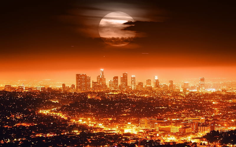 Los Angeles, night, moon, lights, America, USA, HD wallpaper