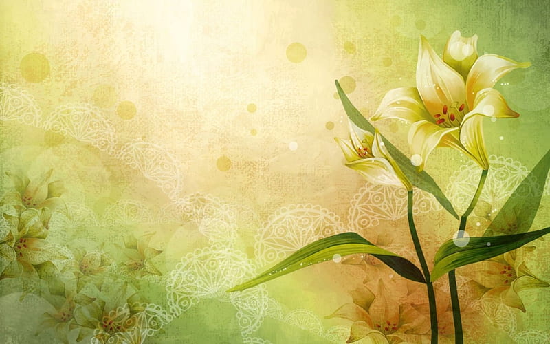 Lilies, green, texture, flower, lily, yellow, card, HD wallpaper