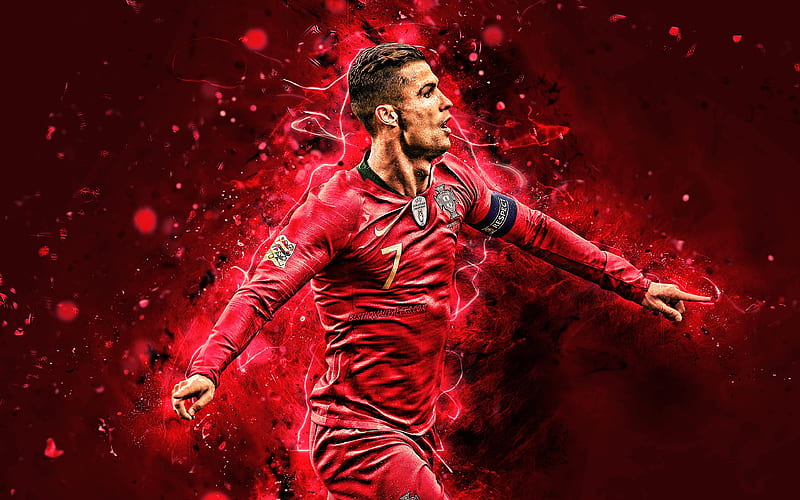 Cristiano Ronaldo, 2019, goal, Portugal National Team, soccer, CR7, joy, neon lights, joyful Cristiano Ronaldo, Portuguese football team, HD wallpaper