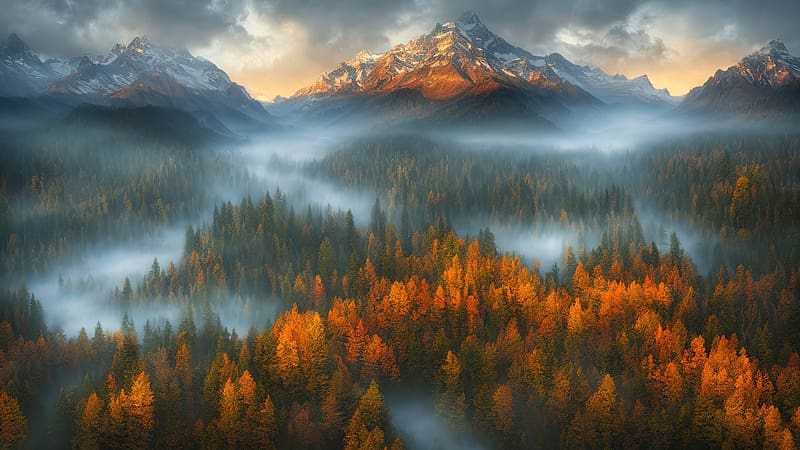 Misty forest, osz, kod, erdo, kodos napkelte, fak, hegyek, napnyugta, tajkep, szines, magikus, HD wallpaper