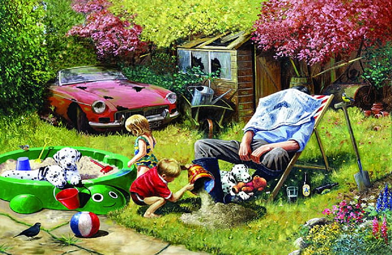 A Day with Grandad., tree, sand, people, car, children, toy, play, HD wallpaper