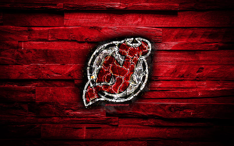 New Jersey Devils, fiery logo, NHL, red wooden background, american hockey team, grunge, Eastern Conference, hockey, New Jersey Devils logo, fire texture, USA, HD wallpaper