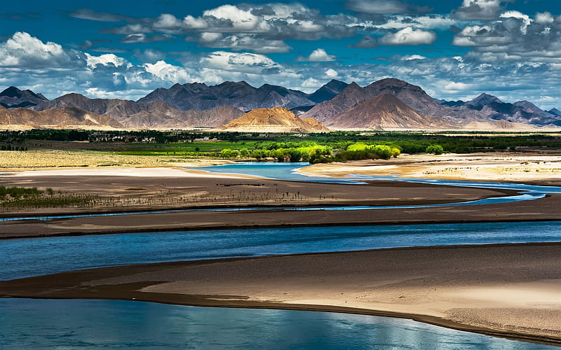 China, river, clouds, mountains, Tibet, shadows, oasis, Asia, HD wallpaper