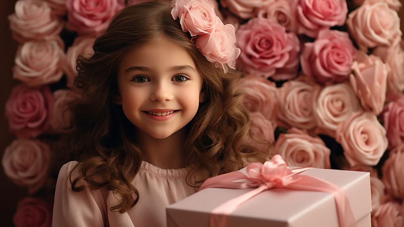 :), child, women, childhood, little girl, girl, copil, pink, flower, rose, box, gift, mother, day, HD wallpaper