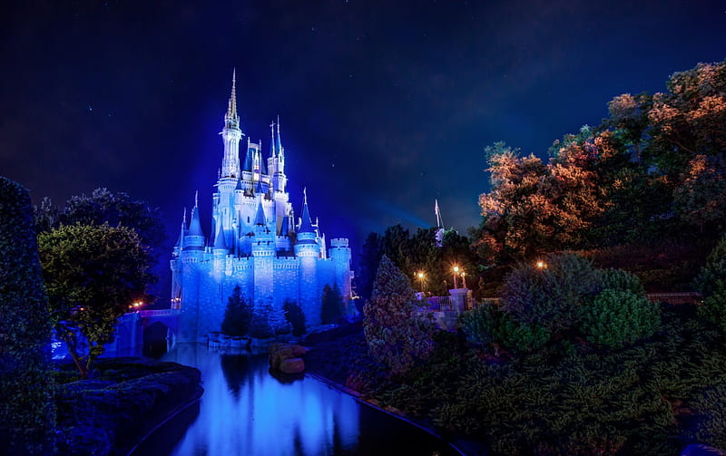 Disney World, world, cinderella, lake, water, castle, light, disney, blue, night, HD wallpaper