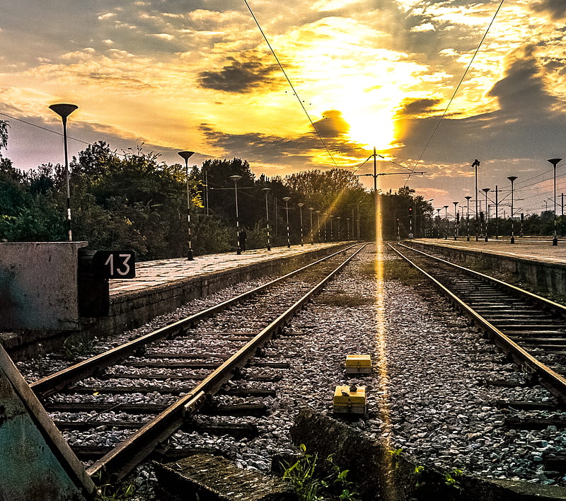 train station, cloudly, rails, sunset, tran station, HD wallpaper