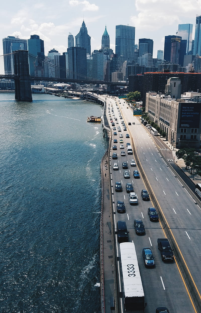 Manhattan, buildings, carros, city, metropolitan, nyc, river, roads, town, traffic, urban, HD phone wallpaper