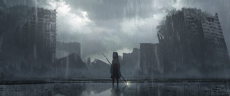 Anime, Original, Girl, Post Apocalyptic, rain, Spear, HD wallpaper