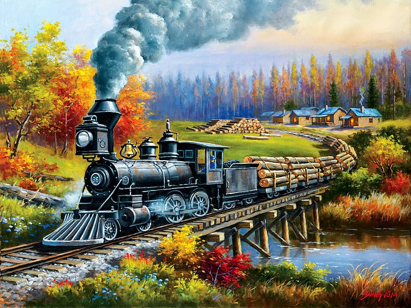 Logging Camp Run, artwork, river, autumn, trees, bridge, train, locomotive, steam, painting, HD wallpaper