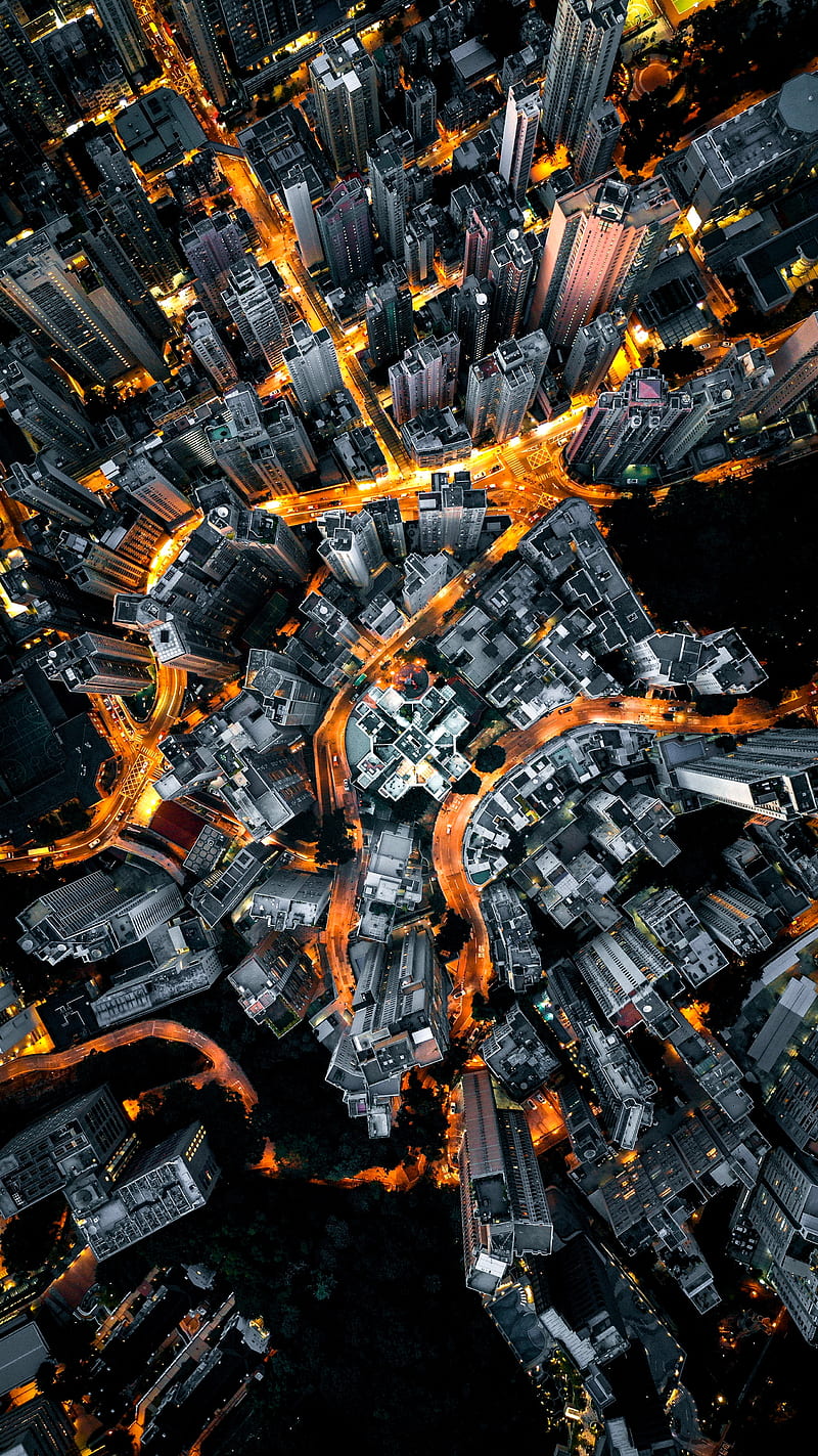 city, aerial view, buildings, roads, metropolis, HD phone wallpaper