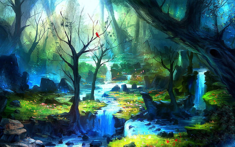 ..Enchanted Blue Forests.., rocks, enchanted blue forests, attractions in dreams, bonito, digital art, seasons, rays light, paintings, landscapes, heaven, forests, scenery, drawings, enchanted, animals, blue, colors, love four seasons, birds, creative pre-made, spring, cool, nature, HD wallpaper