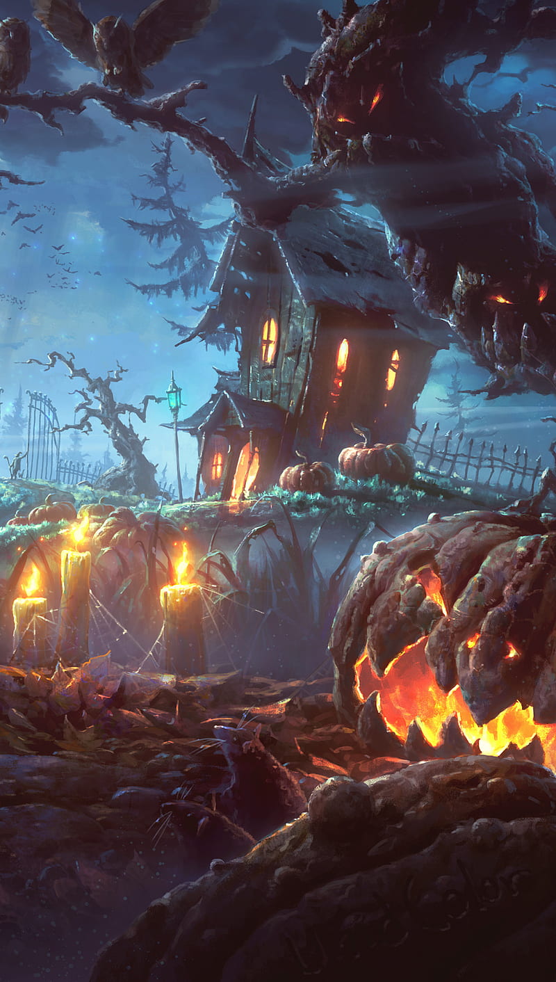 Happy Halloween, pumpkin, scary house, HD phone wallpaper