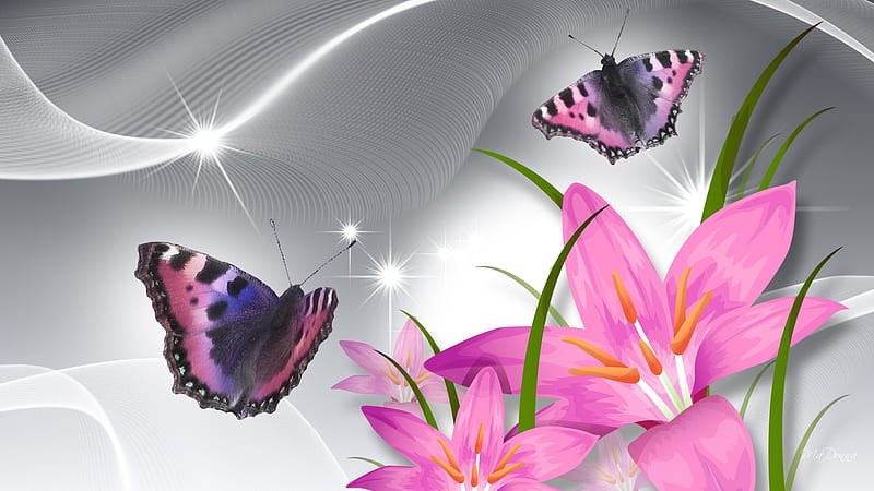 Butterflies Adorve Pink Lilies, stars, shine, lilies, firefox persona, butterflies, bright, flowers, lily, white satin, HD wallpaper