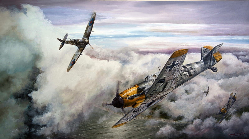 Over Dover, ww2, fighter, flight, world war 2, battle of britain, ME 109, spitfire, HD wallpaper