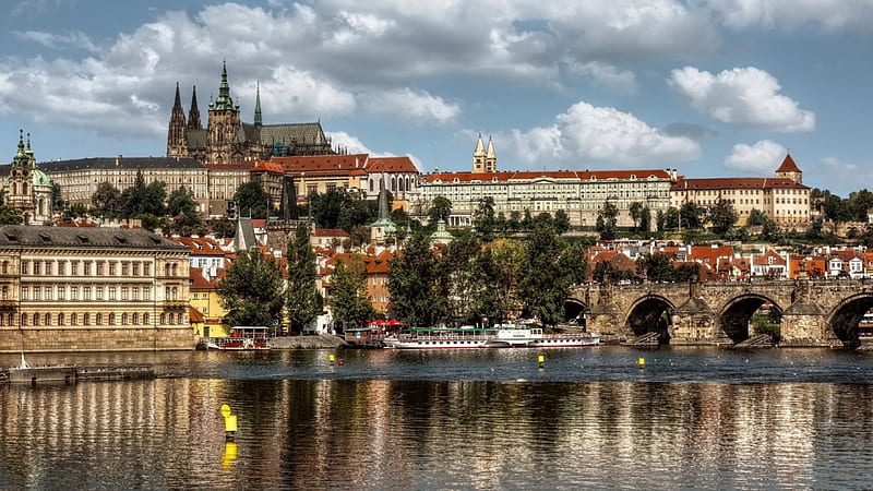 majestic buildings in prague, cathedral, city, bridge, river, hill, HD wallpaper