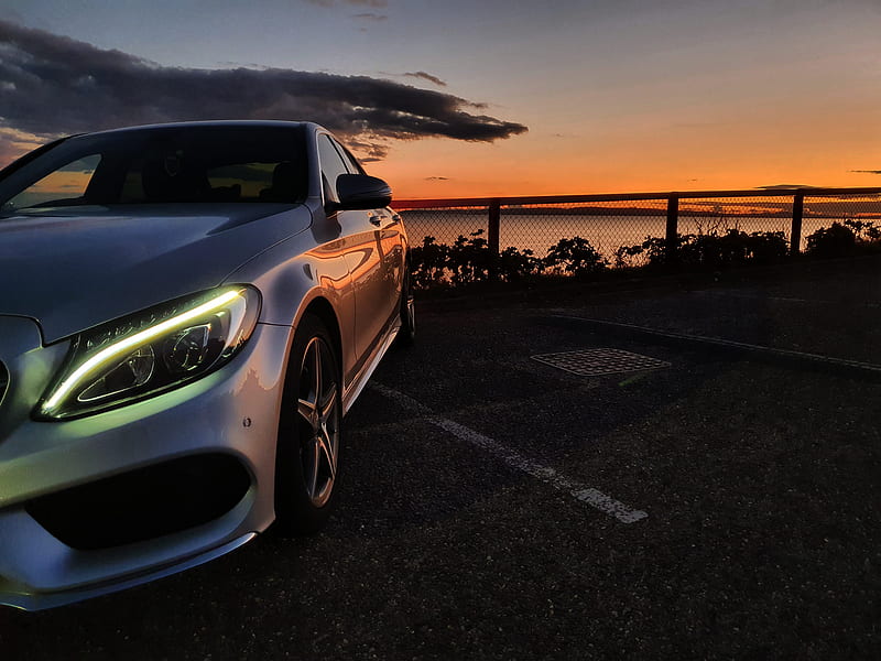 Mercedes sunset, auto, autos, beach, dark, dorset, engine, night, sky, HD wallpaper