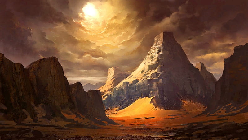 Mountain Spire, mountain, desert, sunlight, clouds, landscape, HD wallpaper