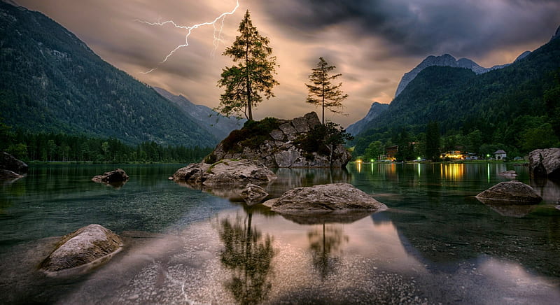 Thunderstorm Over Hintersee Lake, Reflection, Sky, Hinterseen, Lake, Cloud, Germany, Thunderstorm, HD wallpaper