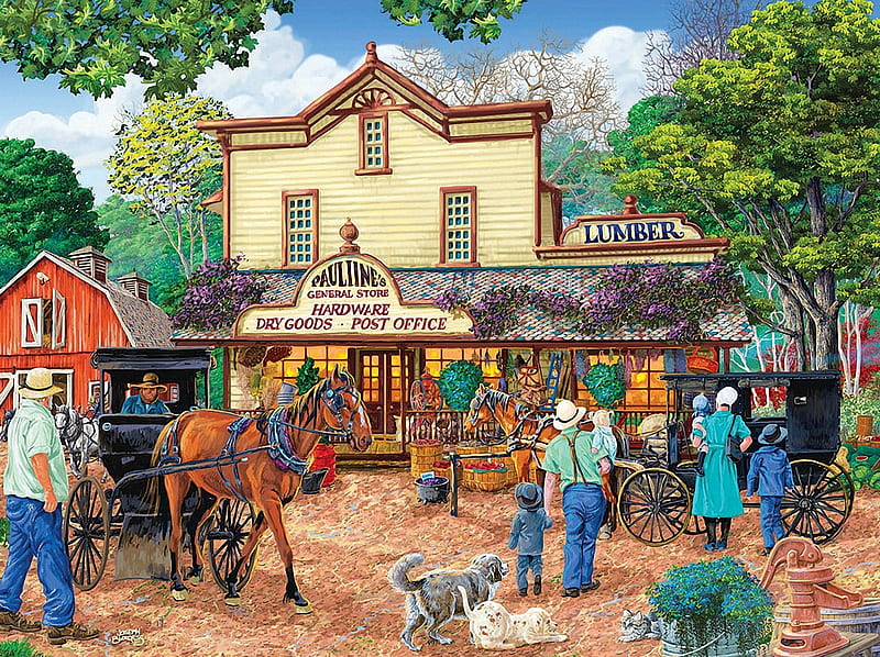 Pauline's General Store, people, house, painting, horse, coaches, artwork, HD wallpaper