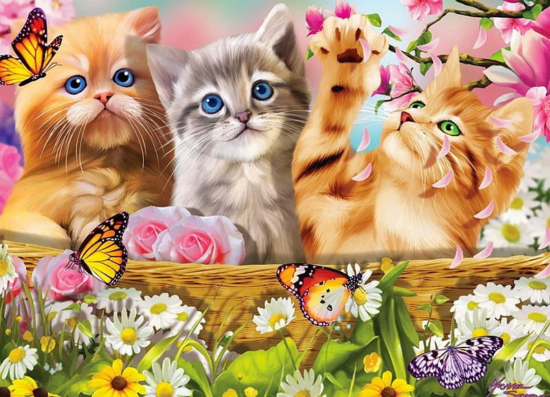 Cuddly kittens, kitty, kittens, butterflies, cuddly, play, sweet, cute, paradise, flowers, garden, ciolorful, funny, cats, HD wallpaper