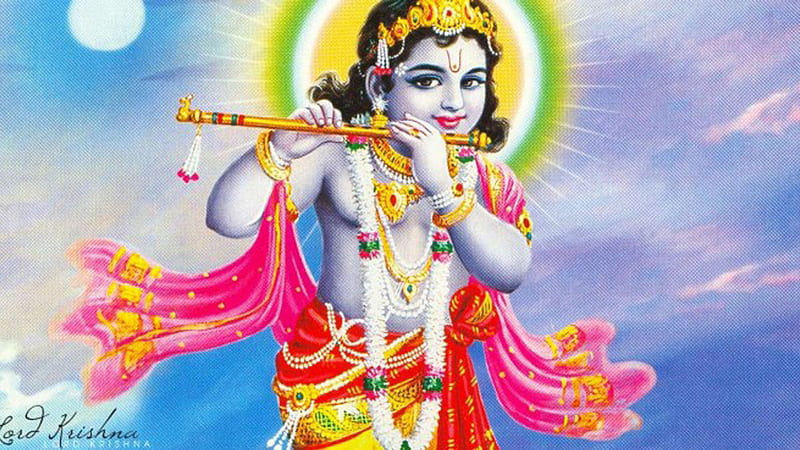Lord Krishna With Flute Colorful Background God Krishna, HD wallpaper