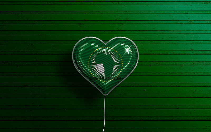 I Love African Union realistic balloons, green wooden background, African countries, African Union flag heart, favorite countries, flag of African Union, balloon with flag, African Union flag, African Union, Love African Union, HD wallpaper