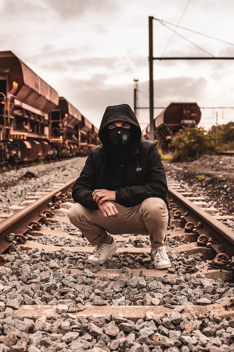 mask, hood, railroad, rails, man, HD phone wallpaper