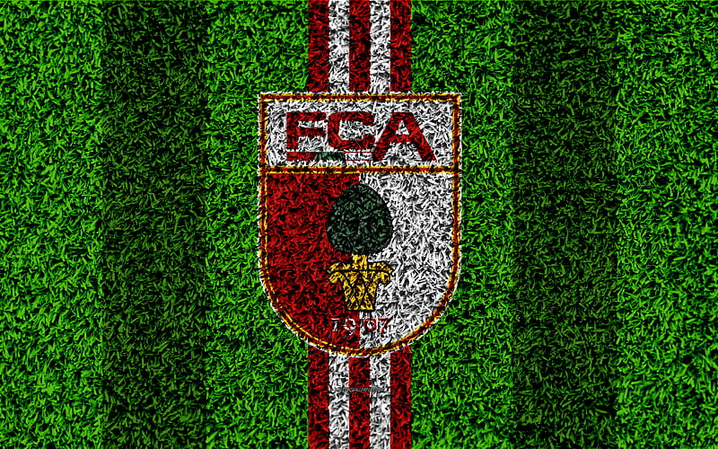 FC Augsburg German football club, football lawn, logo, emblem, grass texture, Bundesliga, Augsburg, Germany, football, HD wallpaper