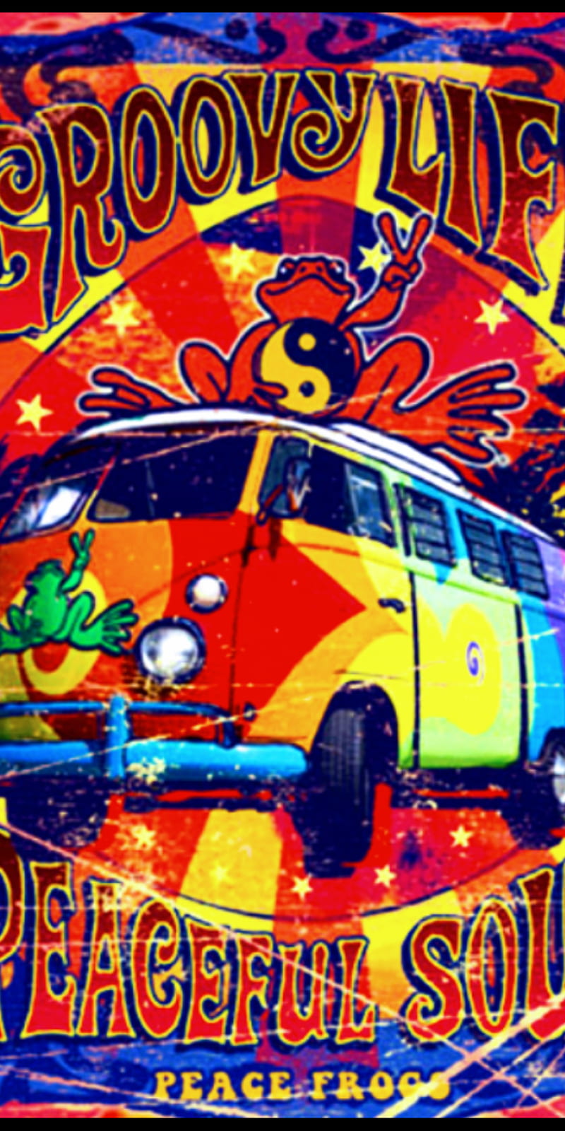 Groovylife, bus, colorful, groovy, hippie, hippie bus, peace, peace frog, vehicle, volkswagon, vw, HD phone wallpaper