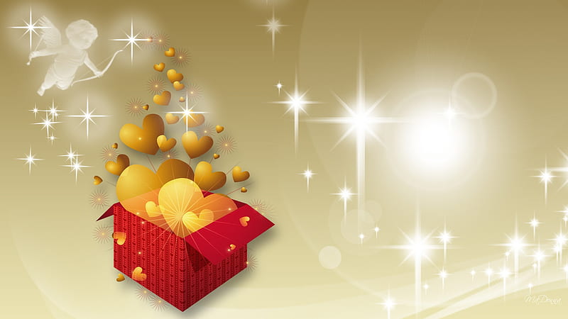 Heart Explosion, valentines day, stars, gold, cupid, shine, gold hearts, red box, HD wallpaper