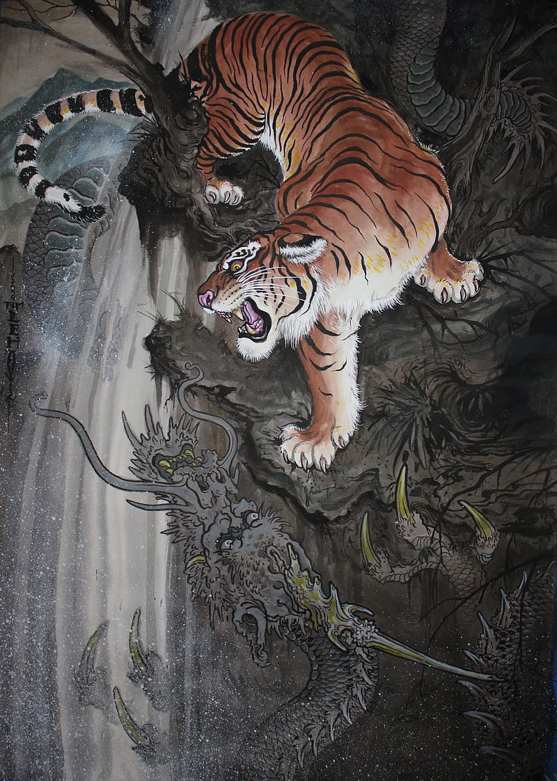 tiger, dragon, Japanese Art, traditional art, HD phone wallpaper
