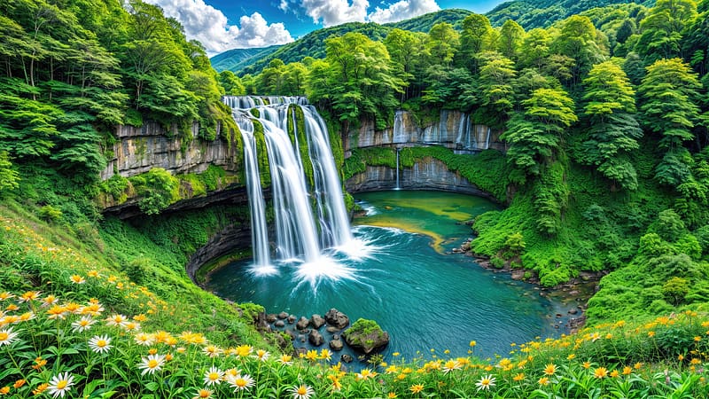 Beautiful rocks waterfall, view, spring, grass, rocks, mountain, greenery, summer, beautiful, wildflowers, waterfall, lake, HD wallpaper