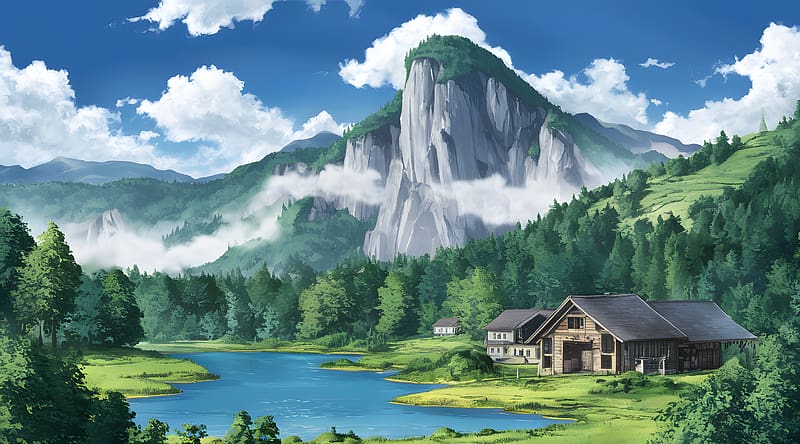 Life Under the Mountain - Ghibli Style Ultra, Aero, Creative, Nature, Landscape, Mountain, Lake, House, Forest, Clouds, bluesky, ghiblistyle, aiart, HD wallpaper