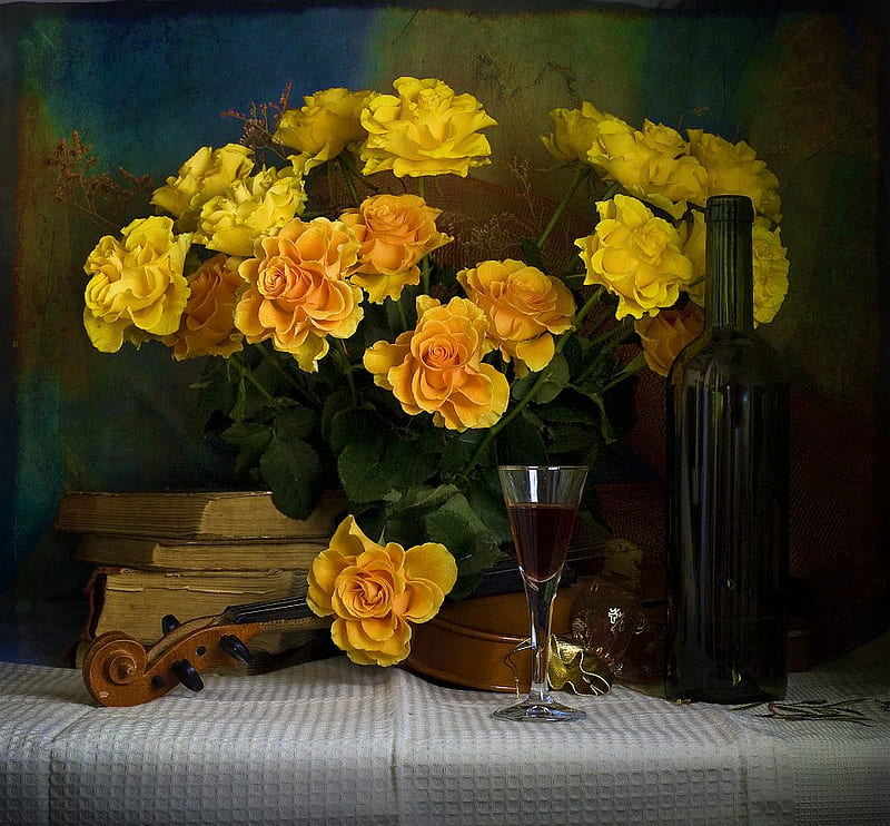 still life, pretty, rose, books, bottle, book, yellow, vase, bonito, graphy, flower bouquet, flowers, beauty, yellow rose, harmony, violin, lovely, romantic, romance, wine, colors, roses, bottle of wine, yellow roses, glass, nature, HD wallpaper